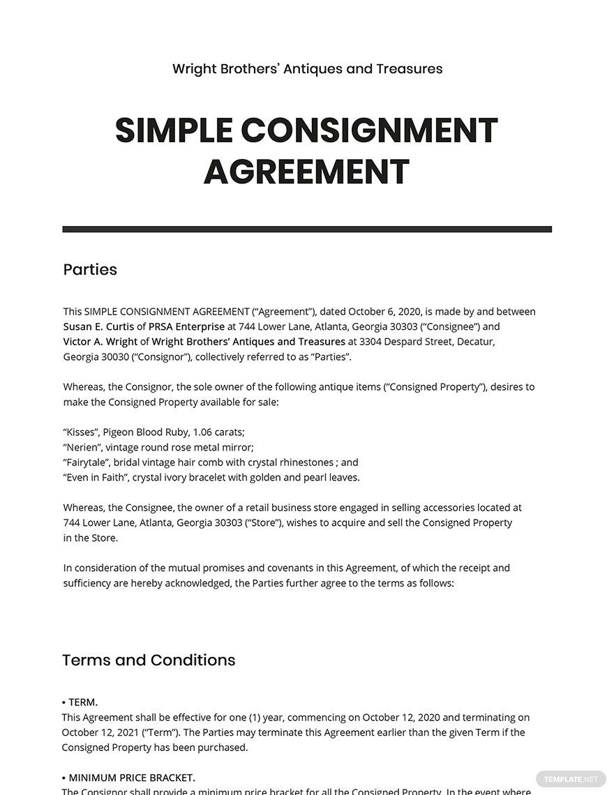 Consignment Agreement Template Google Docs Word Apple Pages 