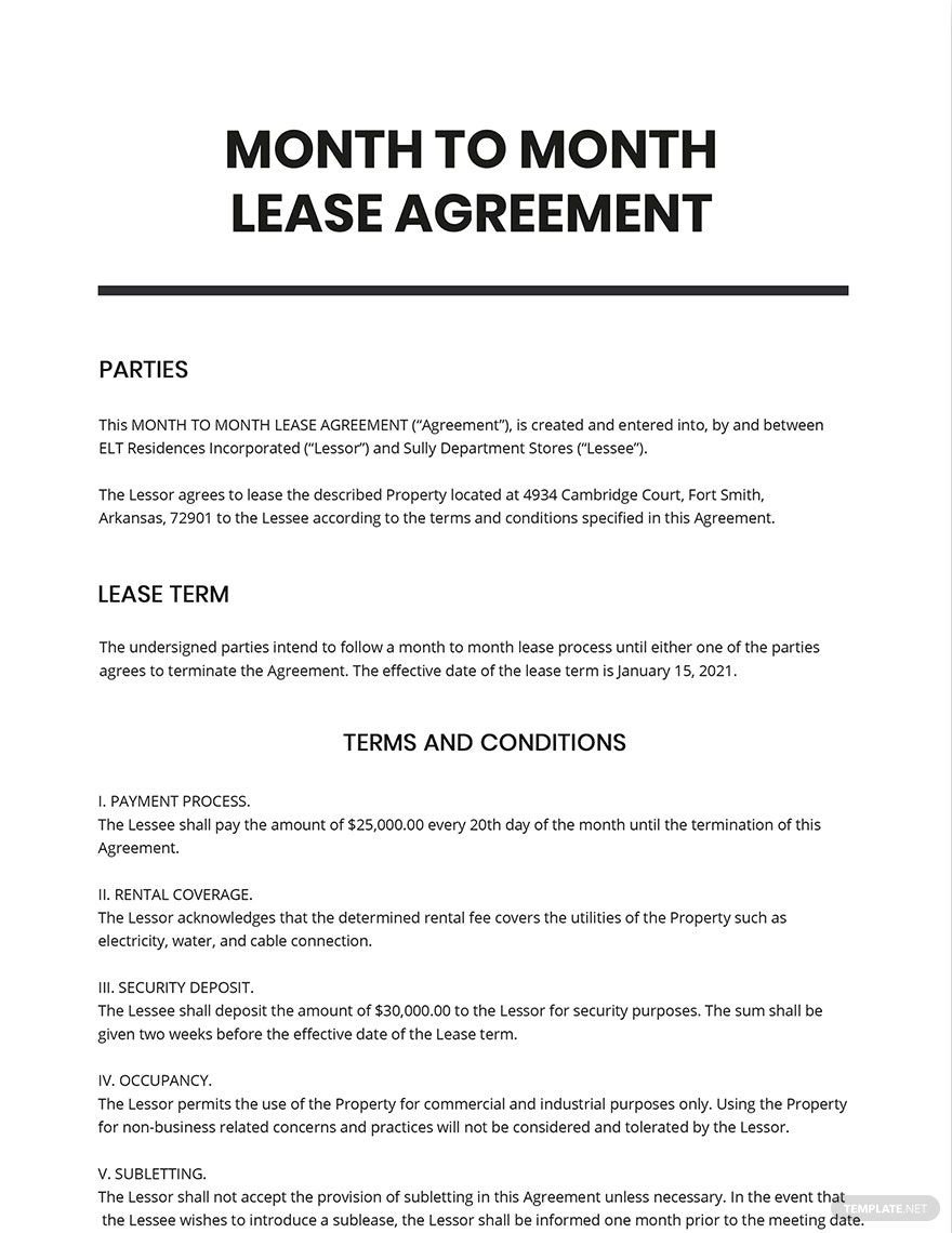 Month to Month Lease Agreement Template