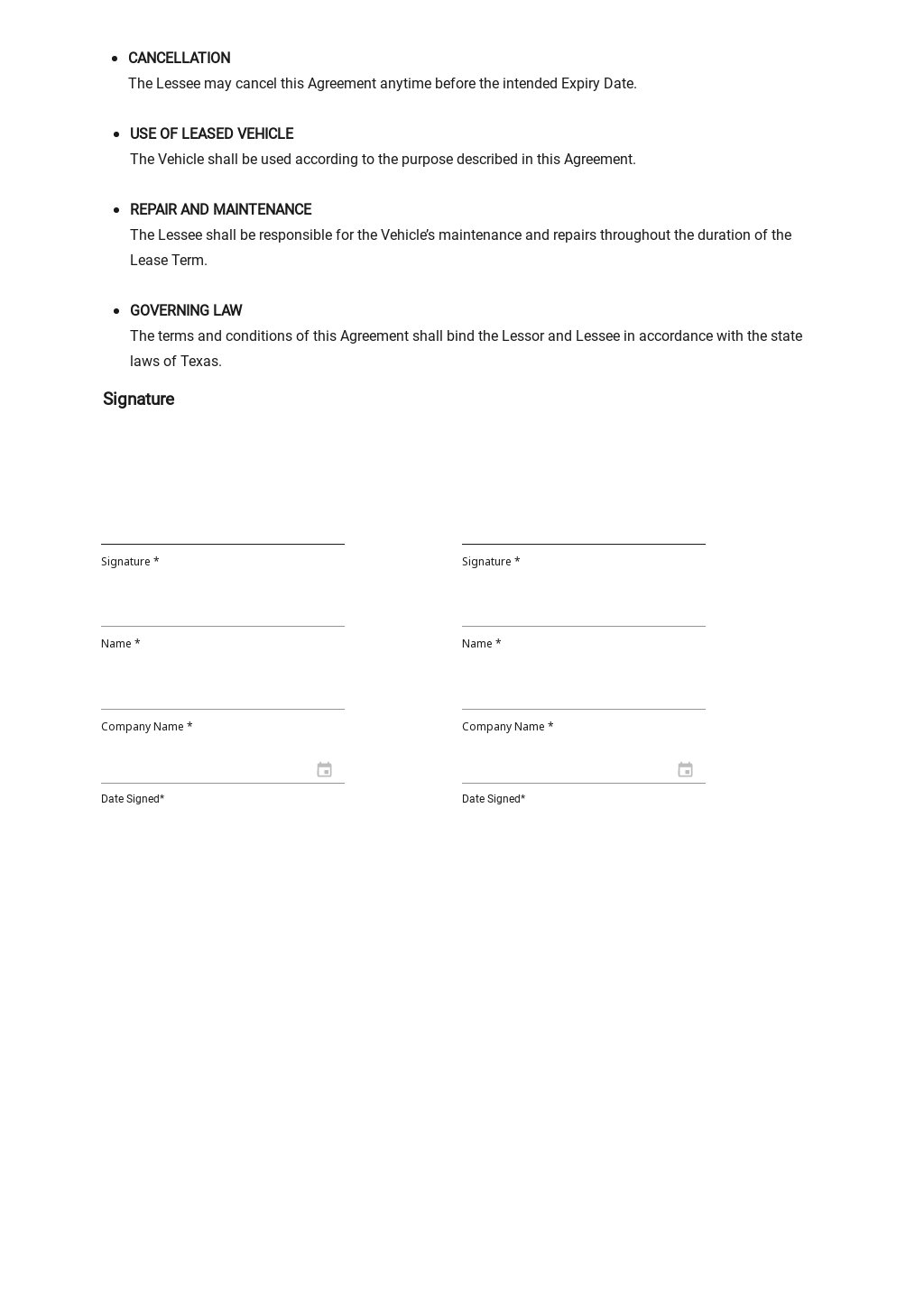 Simple Vehicle Lease Agreement Template