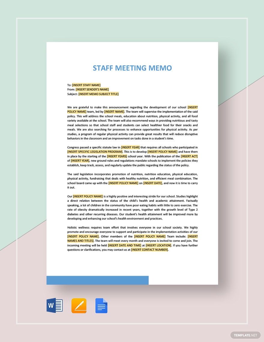 Sample Staff Meeting Memo Template in Word, Google Docs, Apple Pages