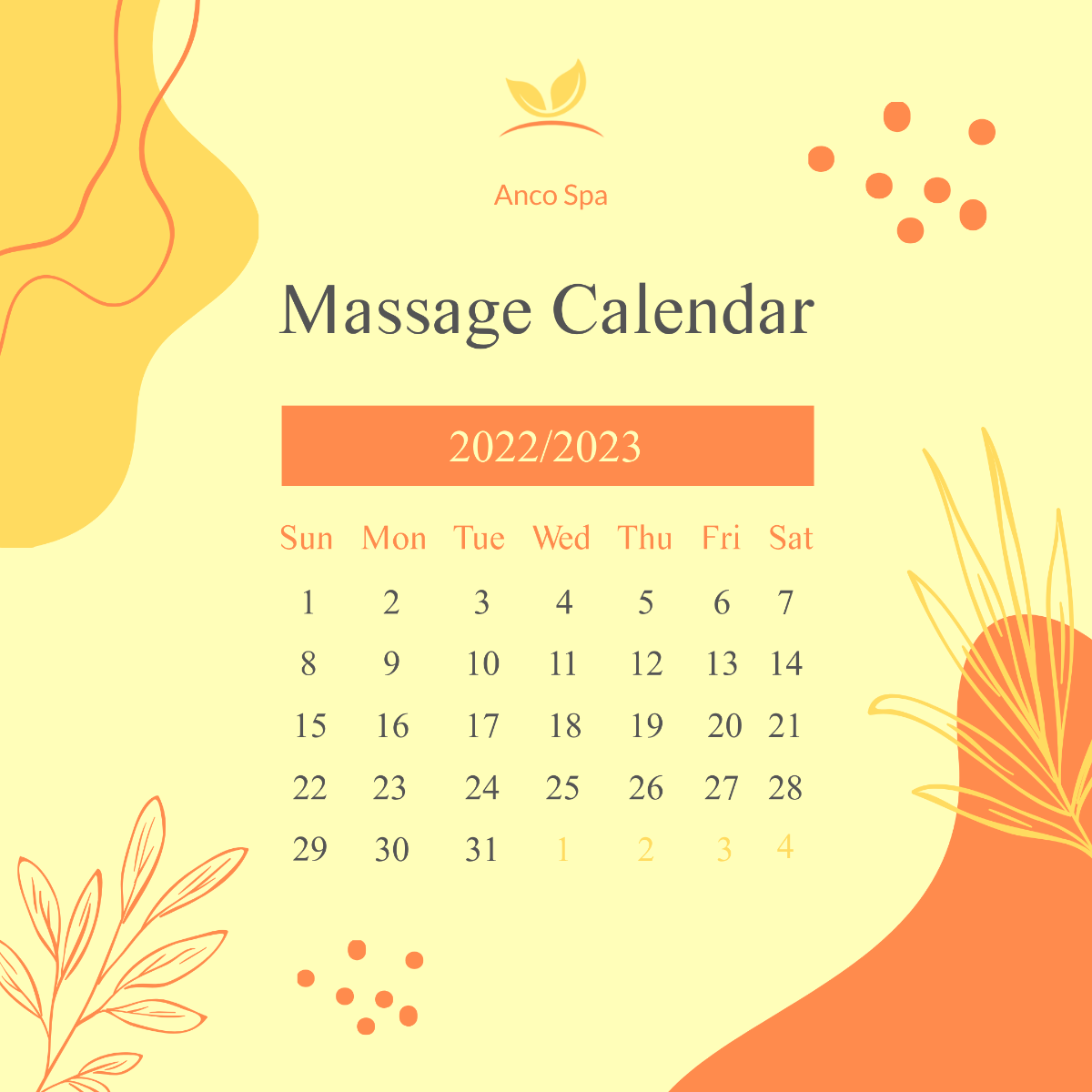 Massage Marketing Calendar Post, Instagram, Facebook Template - Edit Online & Download