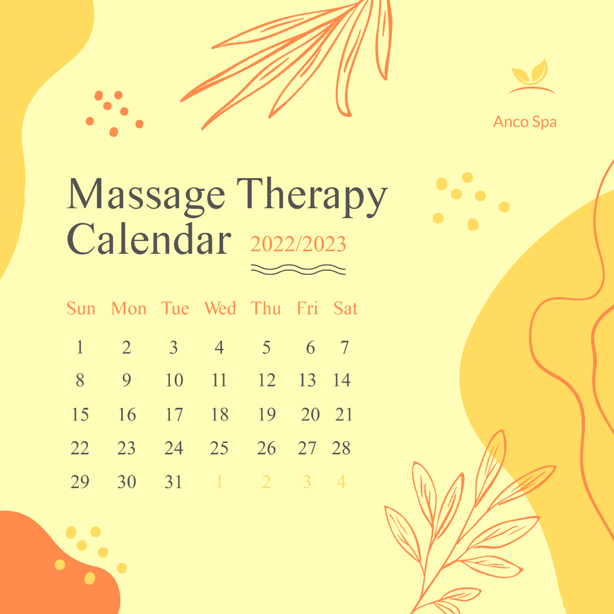 Massage Therapy Calendar Post, Instagram, Facebook Template - Edit Online & Download