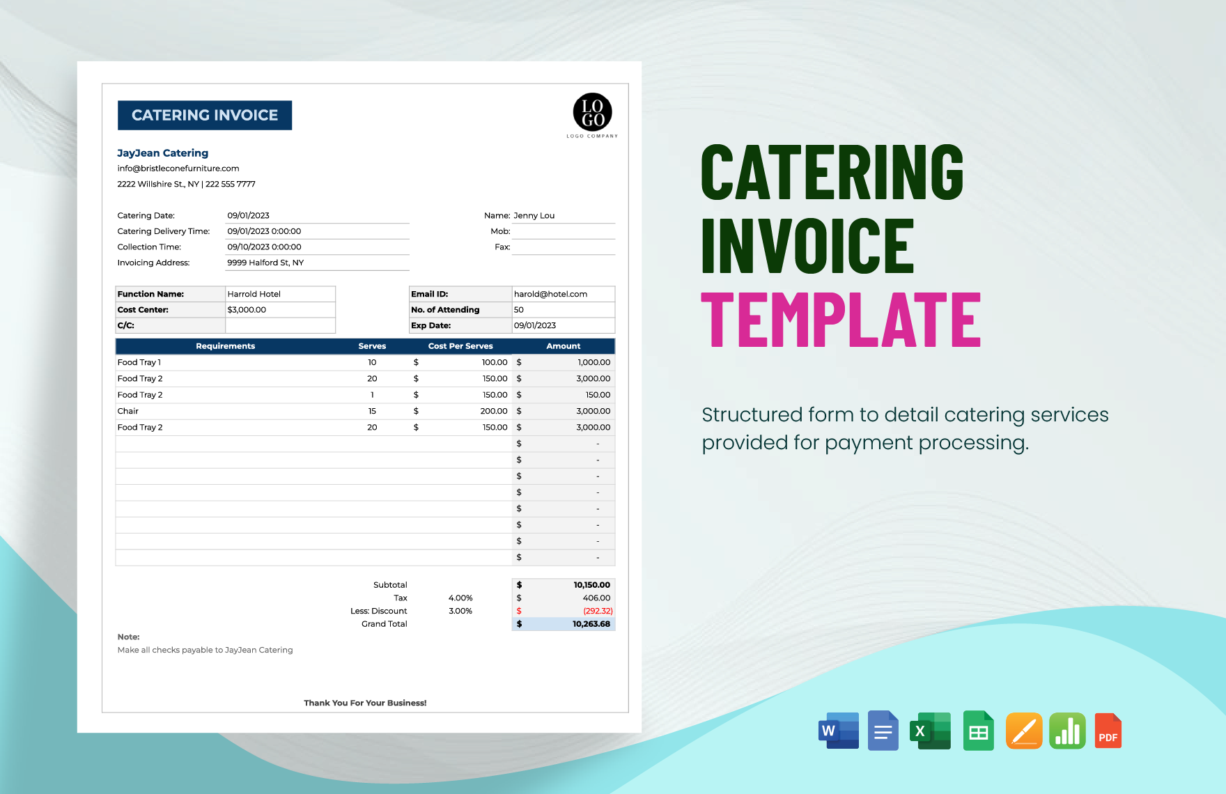 Catering Invoice Template in Word, Google Docs, Excel, PDF, Google Sheets, Apple Pages, Apple Numbers