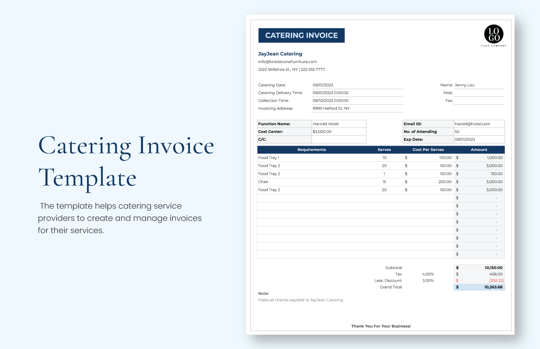 Catering Invoice Template Download in Word, Google Docs, Excel, PDF