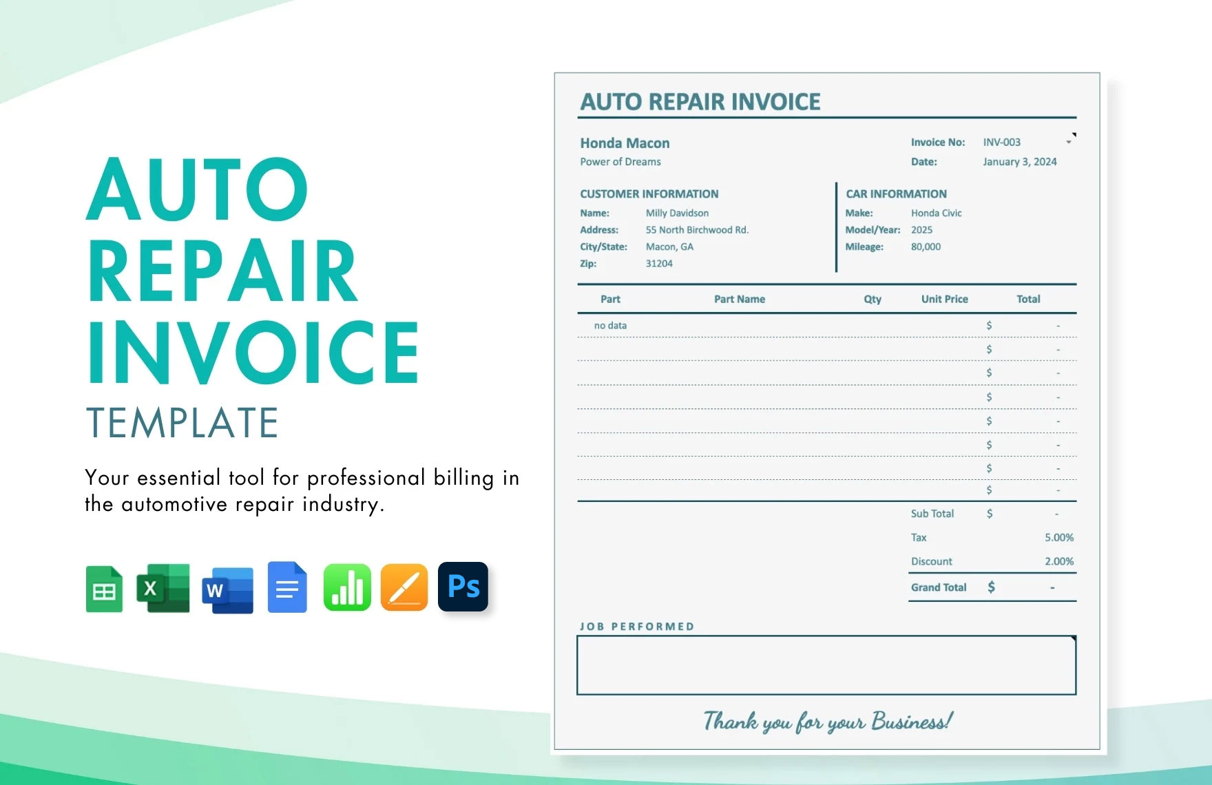 Auto Repair Invoice Template in Word, Google Docs, Excel, Google Sheets, PSD, Apple Pages, Apple Numbers