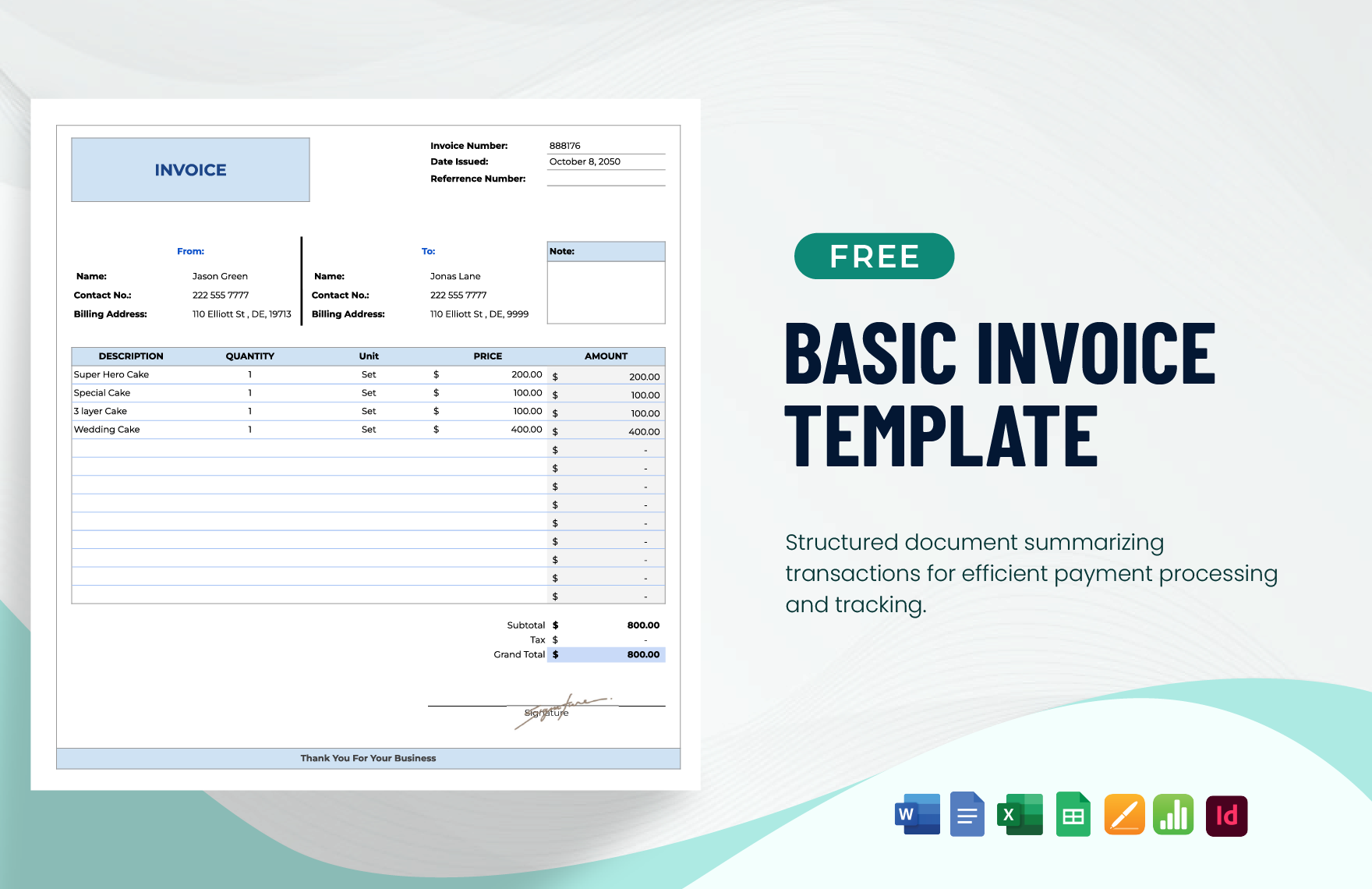 Basic Invoice  Template in Google Docs, Pages, Word, Excel, Google Sheets, Apple Numbers, InDesign - Download | Template.net