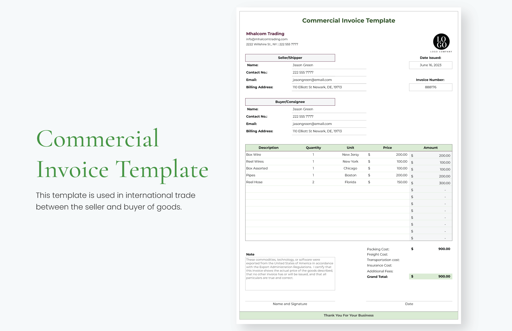 Blank Commercial Invoice Template - Word, Google Docs, Excel, PDF ...