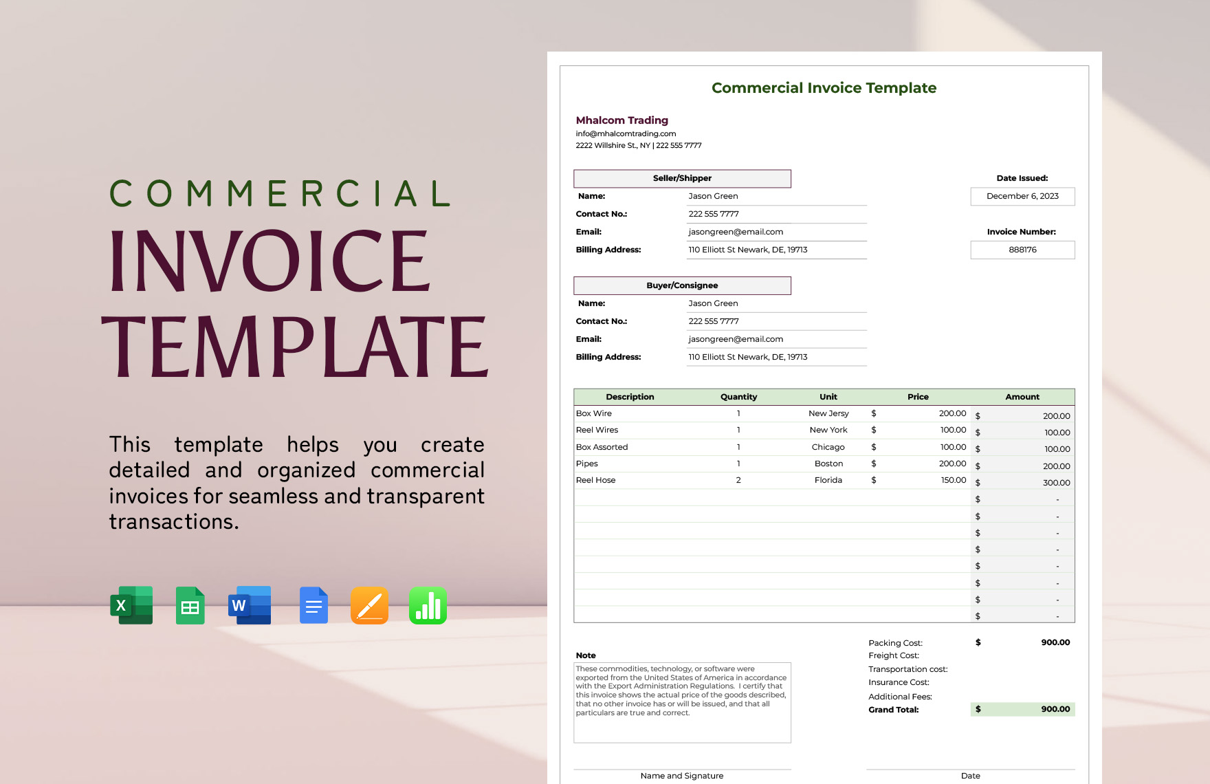 Commercial Business Invoice Template - Download in Word, Google Docs ...