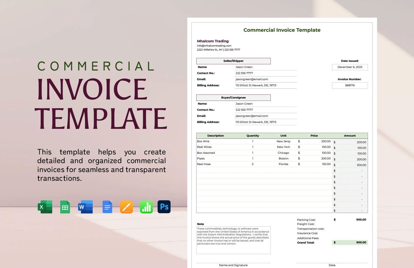 Commercial Invoice Template in Word, Google Docs, Excel, PDF, Google Sheets, PSD, Apple Pages, Apple Numbers