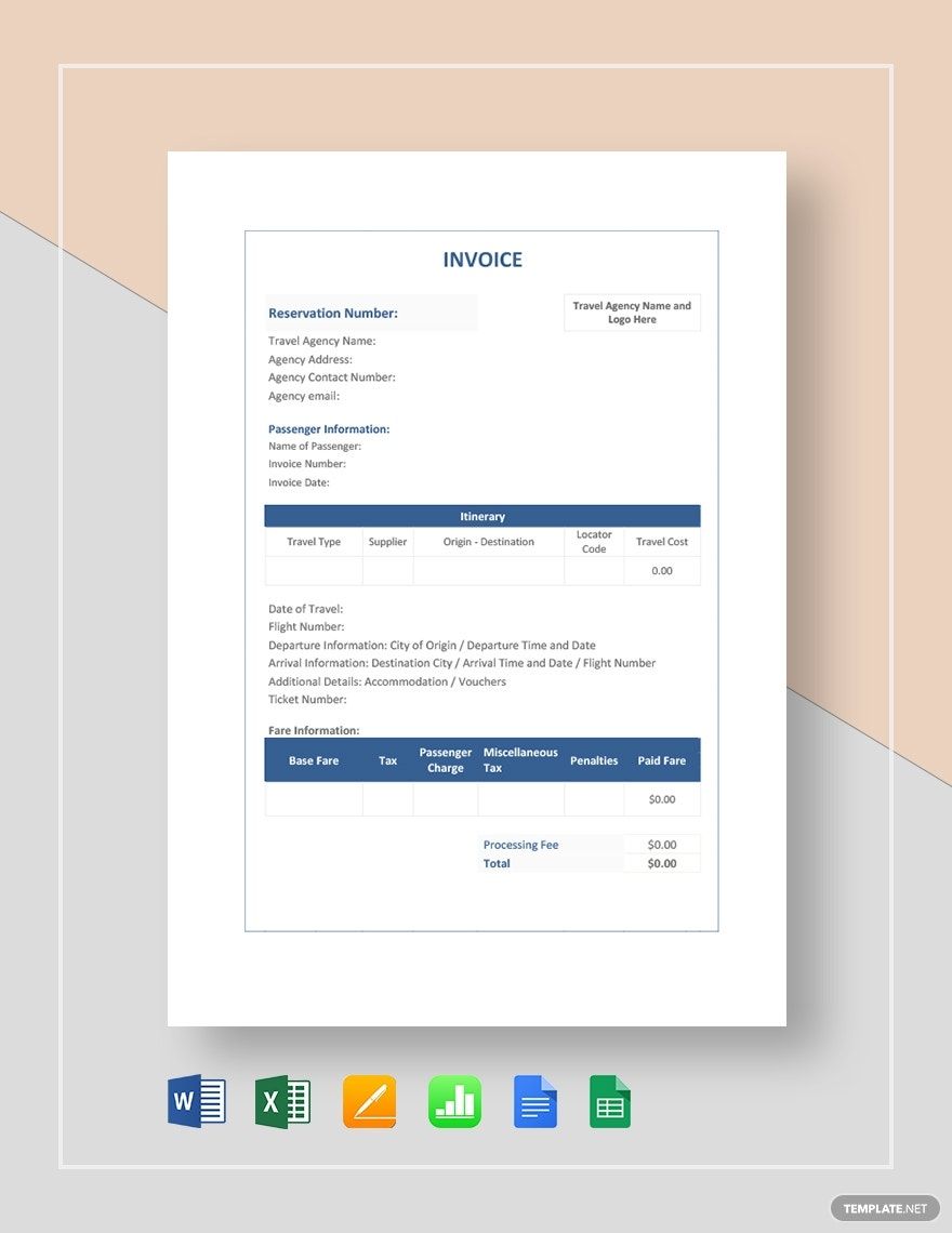 Free Simple Travel Agency Invoice Template in Word, Google Docs, Excel, Google Sheets, Apple Pages, Apple Numbers