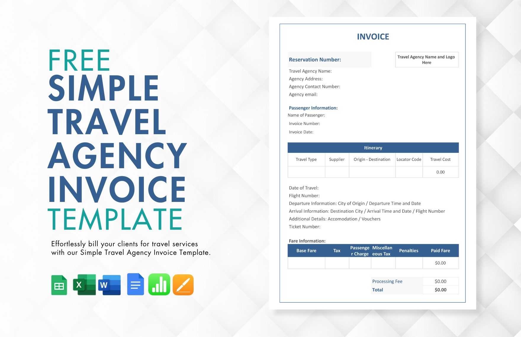 Simple Travel Agency Invoice Template in Google Docs, Google Sheets, Excel, Apple Numbers, Pages, Word - Download | Template.net