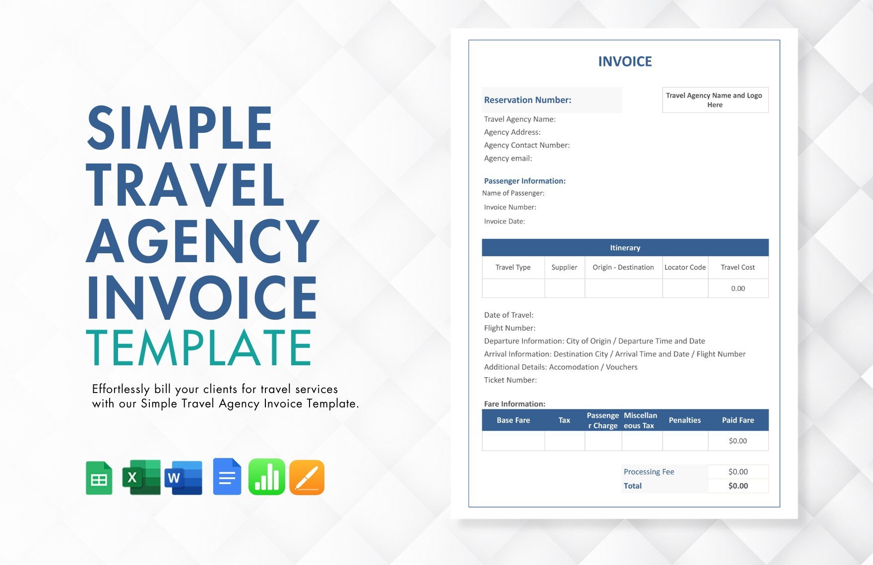 Free Simple Travel Agency Invoice Template in Word, Google Docs, Excel, Google Sheets, Apple Pages, Apple Numbers
