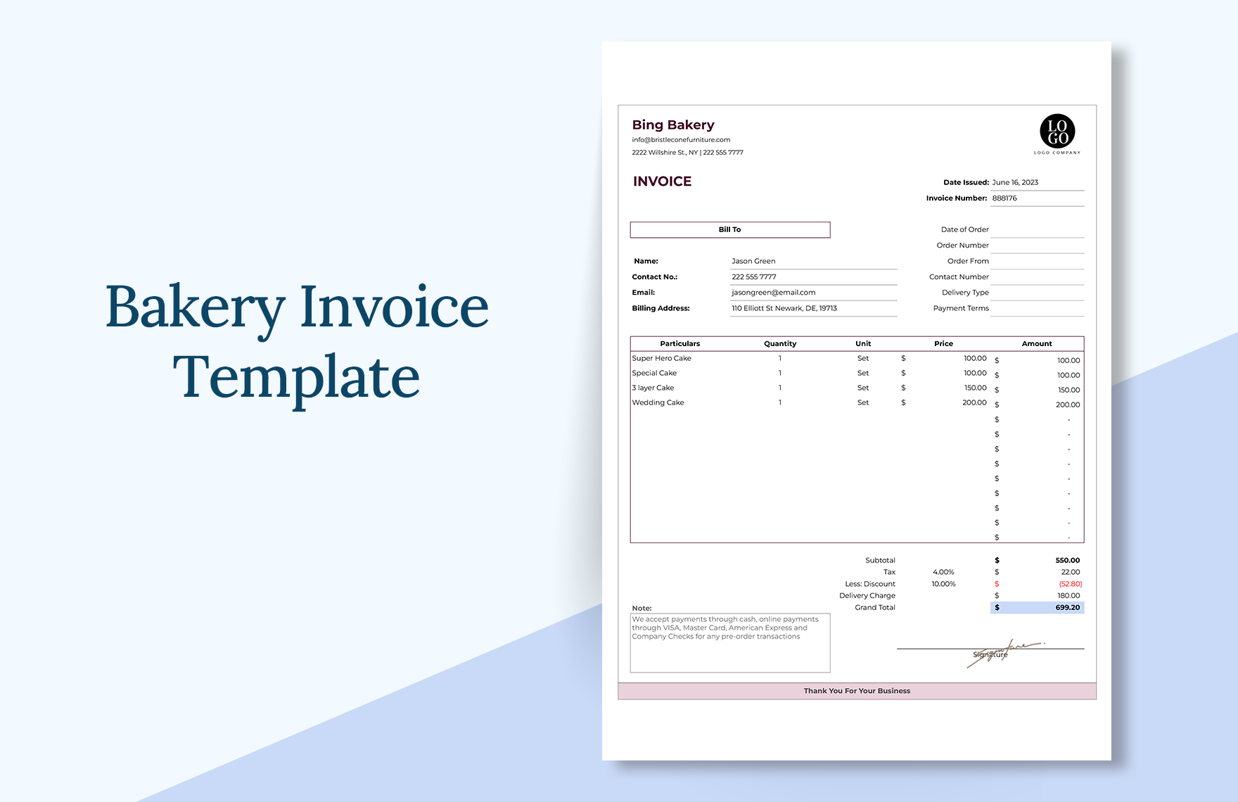 Bakery Invoice Template Download in Word, Google Docs, Excel, Google