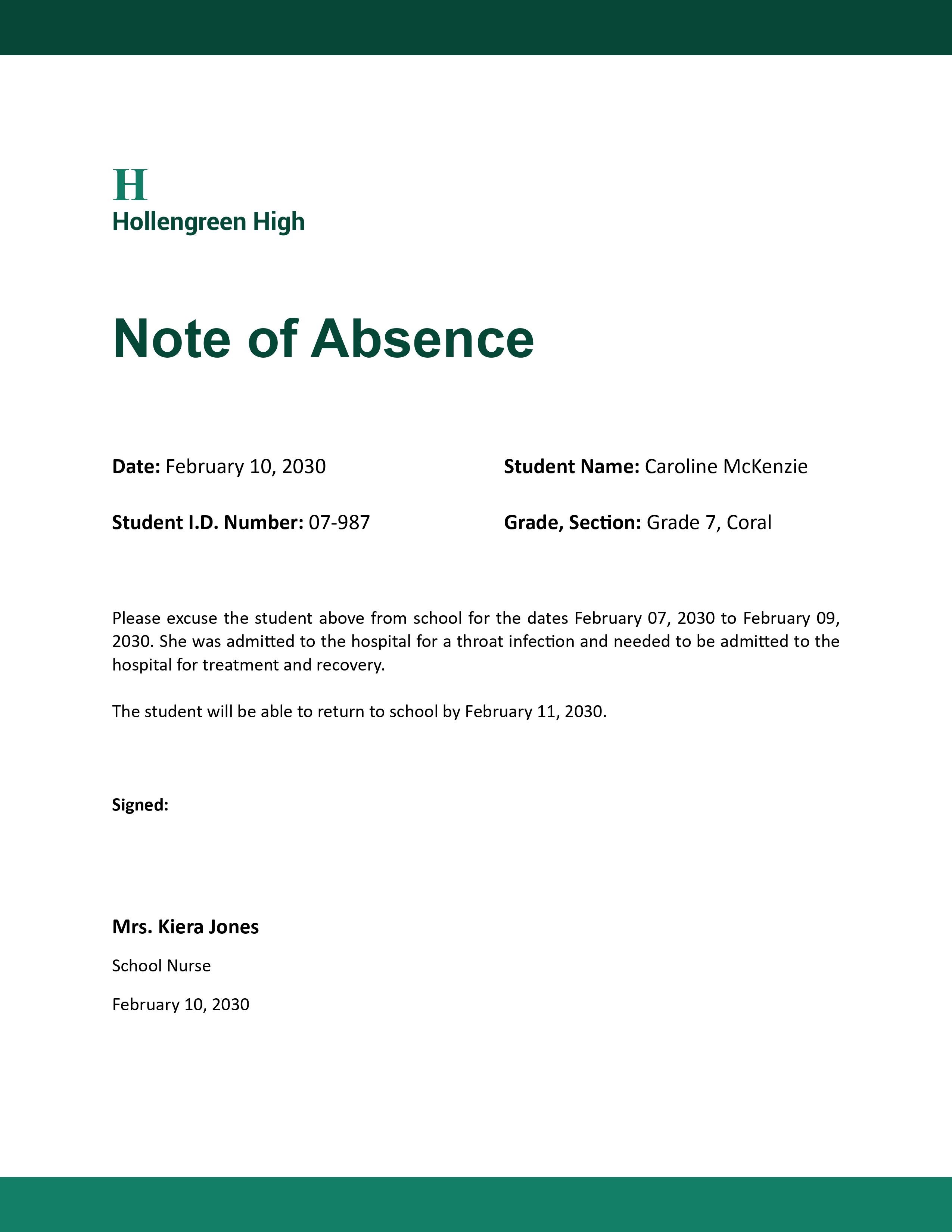 Absence Note Template