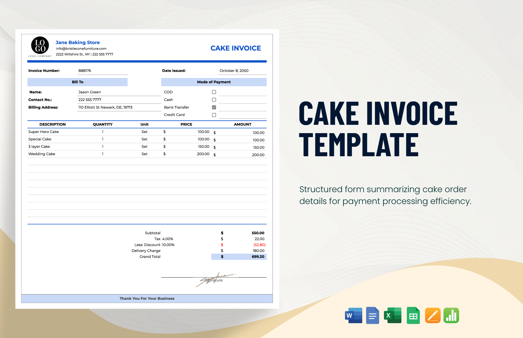 Cake Invoice Template in Word, Google Docs, Excel, Google Sheets, Apple Pages, Apple Numbers