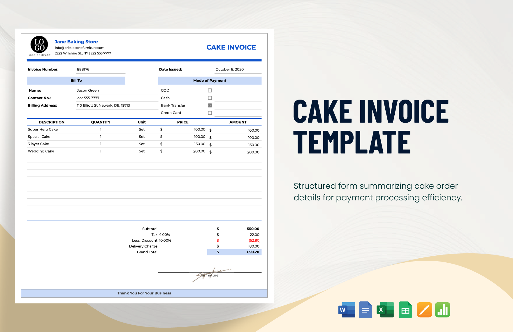 Cake Invoice Template in Google Docs, Word, Pages, Excel, Google Sheets, Apple Numbers - Download | Template.net