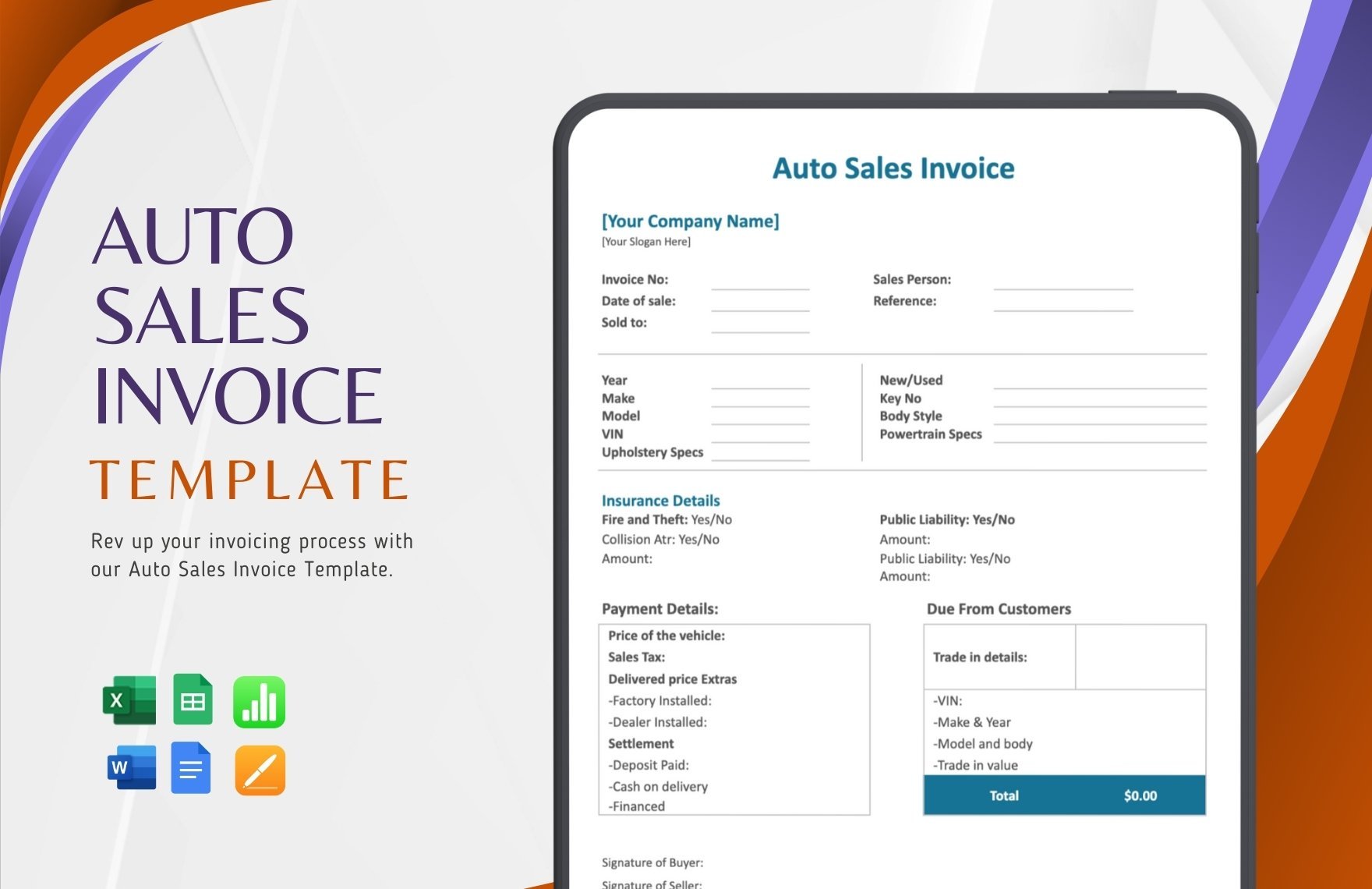 Auto Sales Invoice Template in Word, Google Docs, Excel, Google Sheets, Apple Pages, Apple Numbers