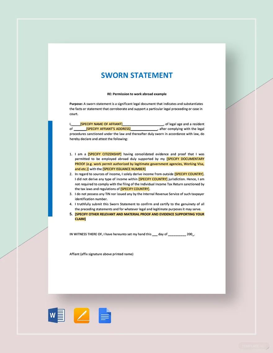 Sworn Statement Template Download in Word, Google Docs, Apple Pages