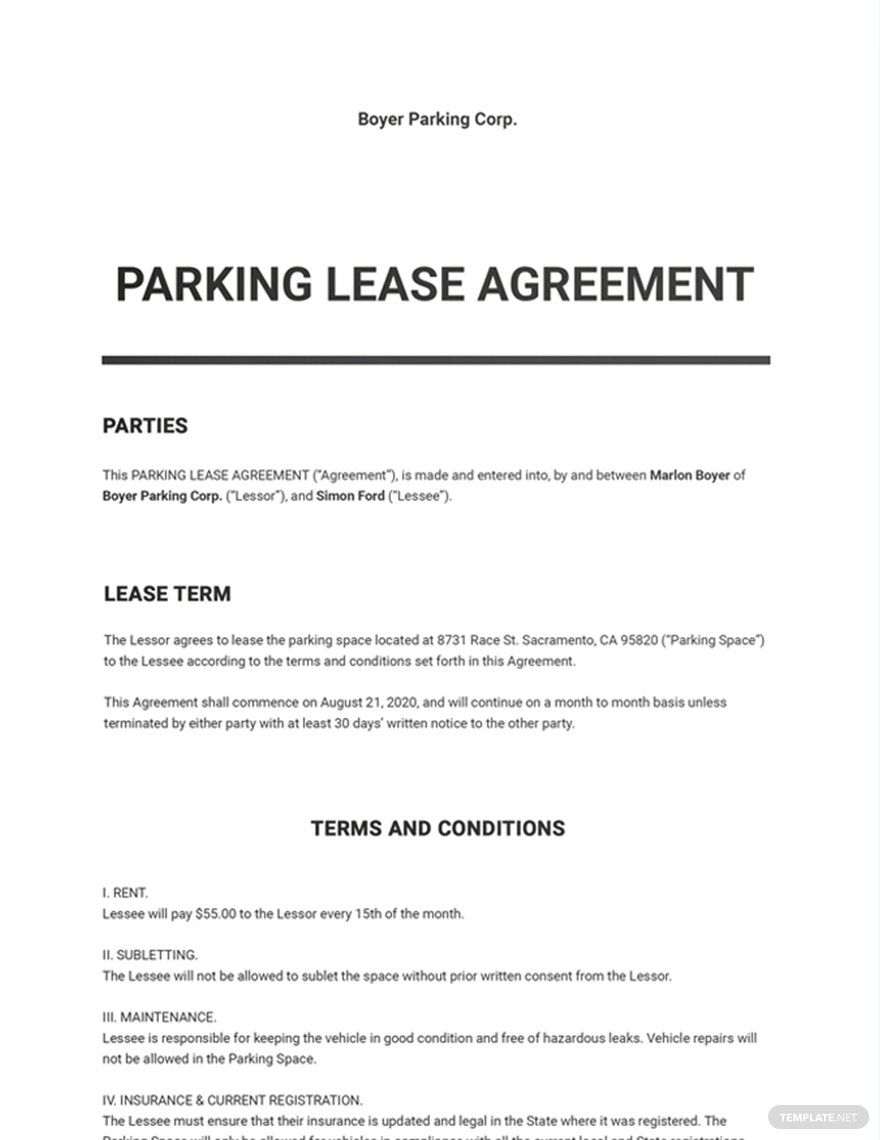 Parking Lease Agreement Template