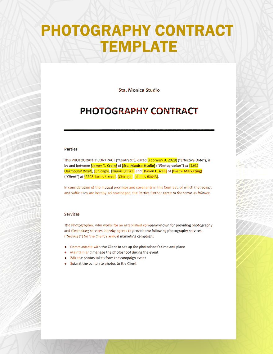 Photography Contract Template Google Docs, Word, Apple Pages