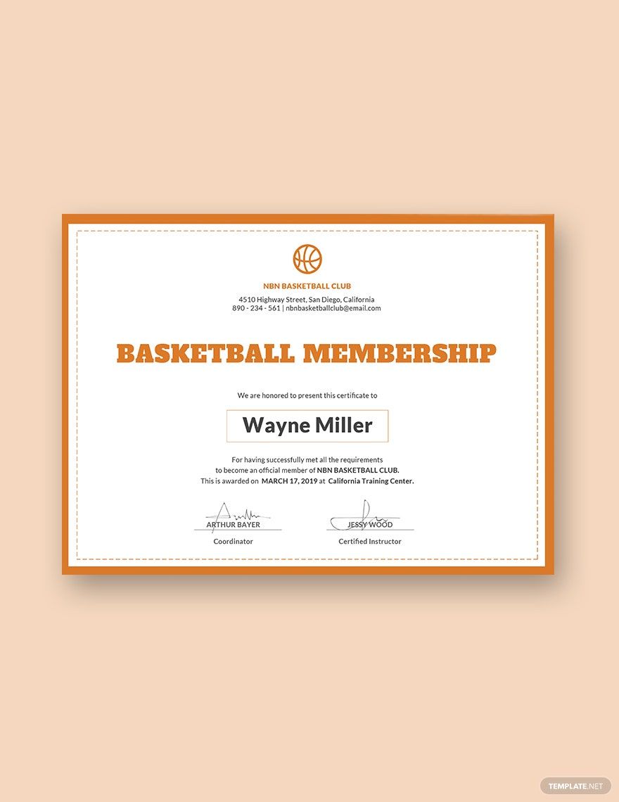 Basketball Membership Certificate Template
