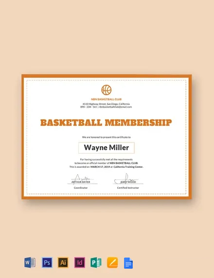 Basketball Membership Certificate Template - Google Docs, Illustrator, InDesign, Word, Apple Pages, PSD, Publisher