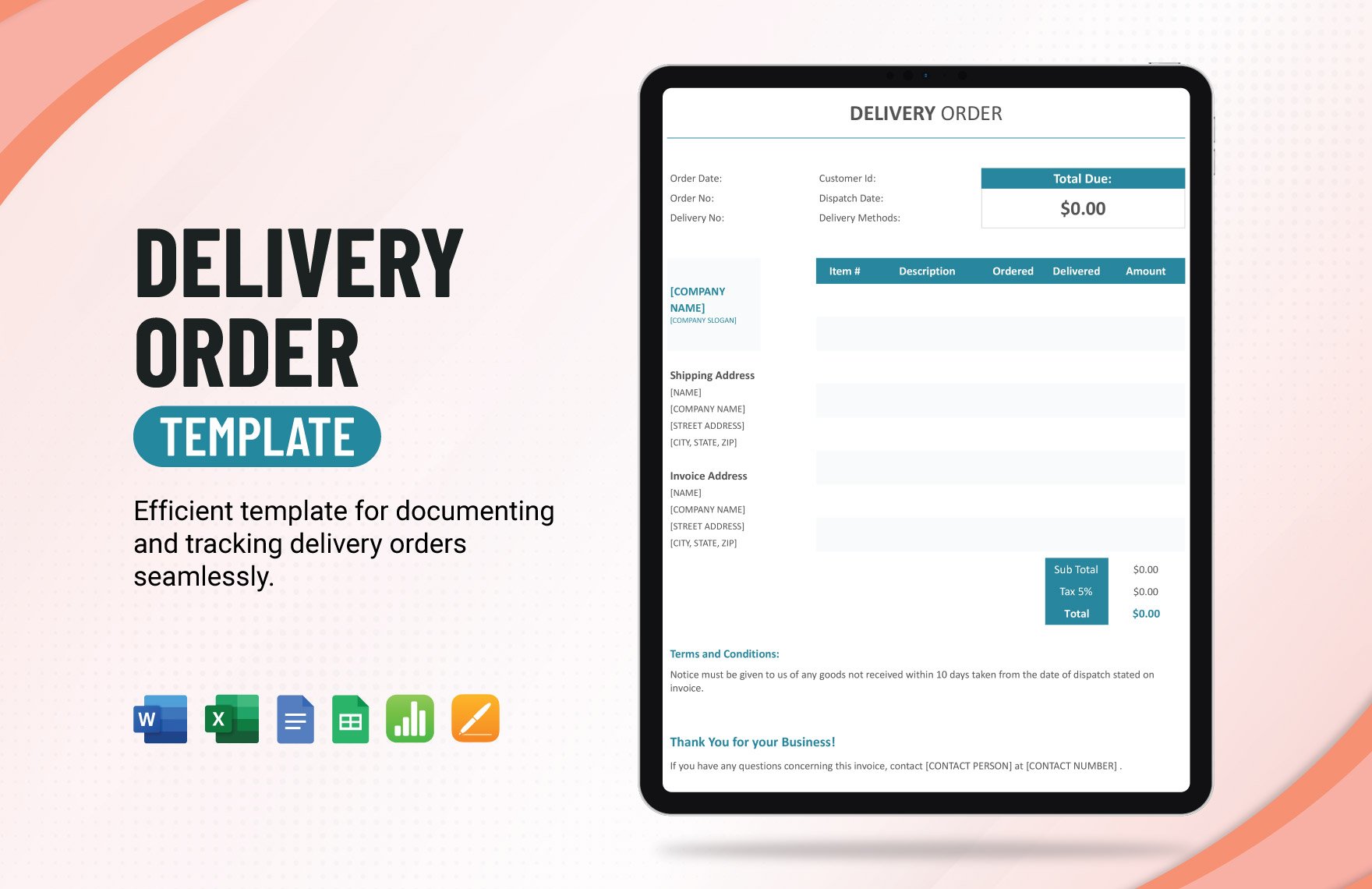 Delivery Order Template in Word, Google Docs, Excel, Google Sheets, Apple Pages, Apple Numbers