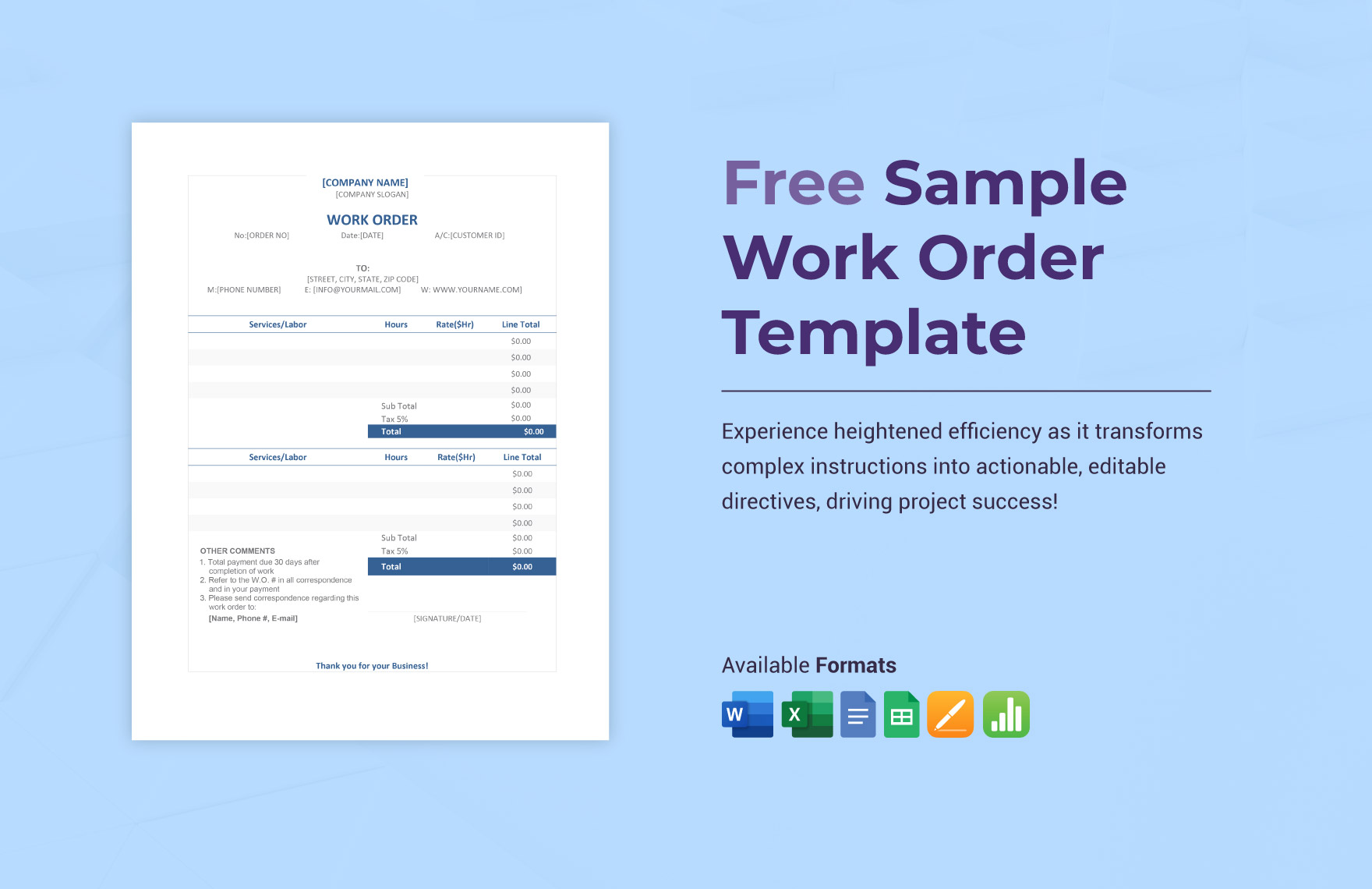 Sample Work Order Template in Word, Google Docs, Excel, Google Sheets, Apple Pages, Apple Numbers