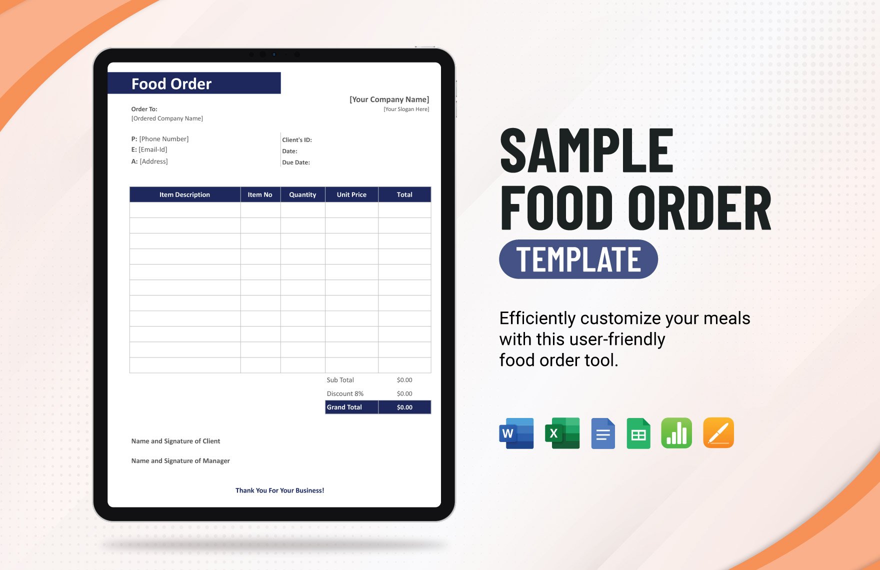 Sample Food Order Template in Word, Google Docs, Excel, Google Sheets, Apple Pages, Apple Numbers