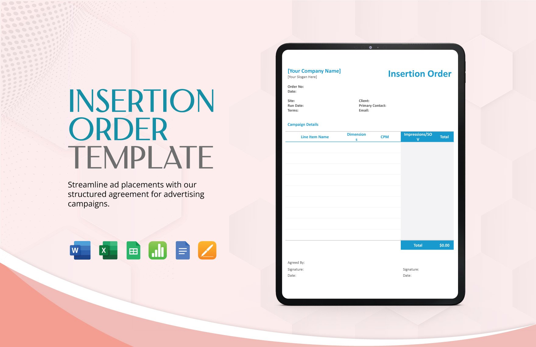 Insertion Order Template in Word, Google Docs, Excel, Google Sheets, Apple Pages, Apple Numbers