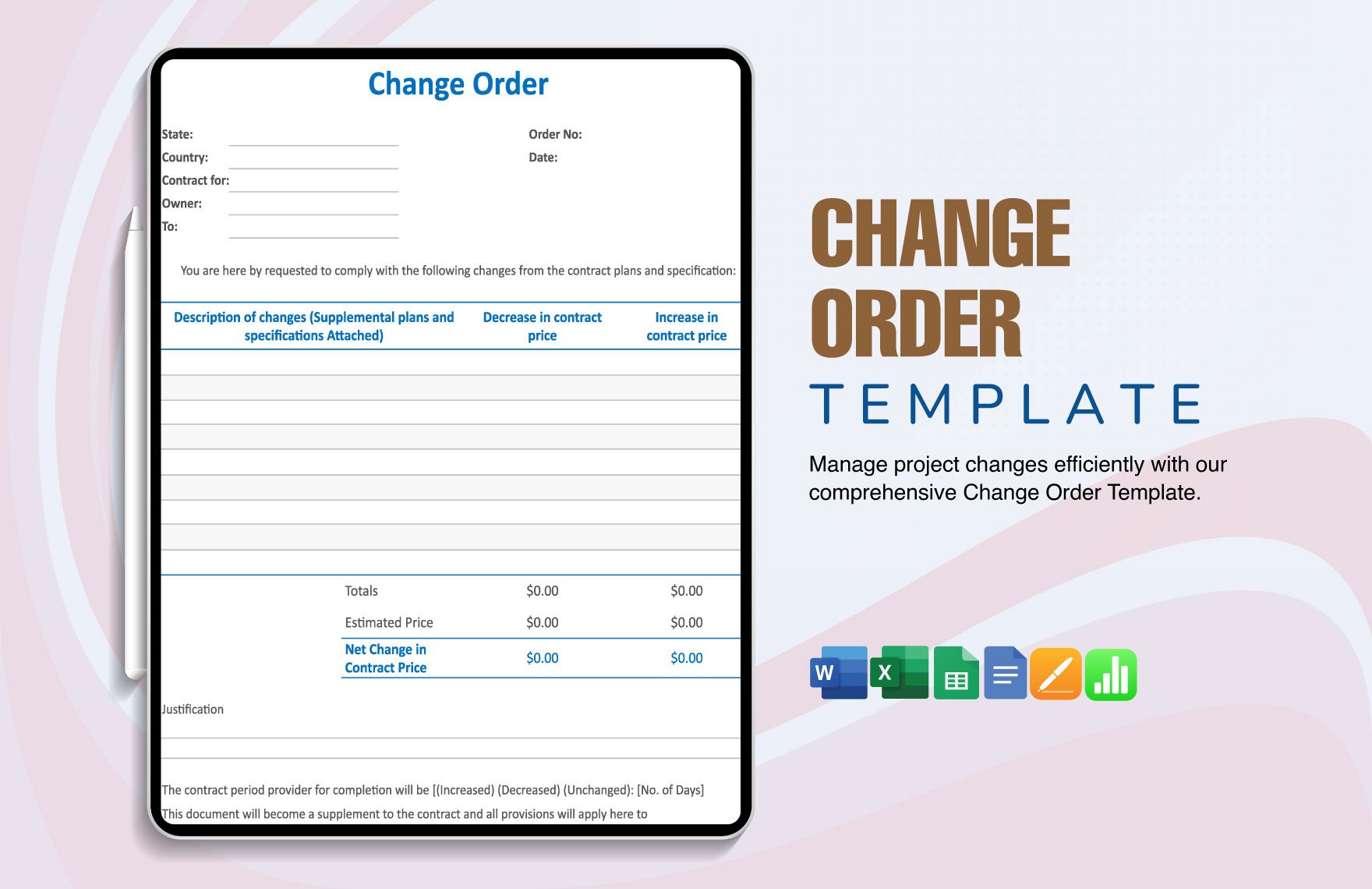 Change Order Template in Word, Google Docs, Excel, Google Sheets, Apple Pages, Apple Numbers