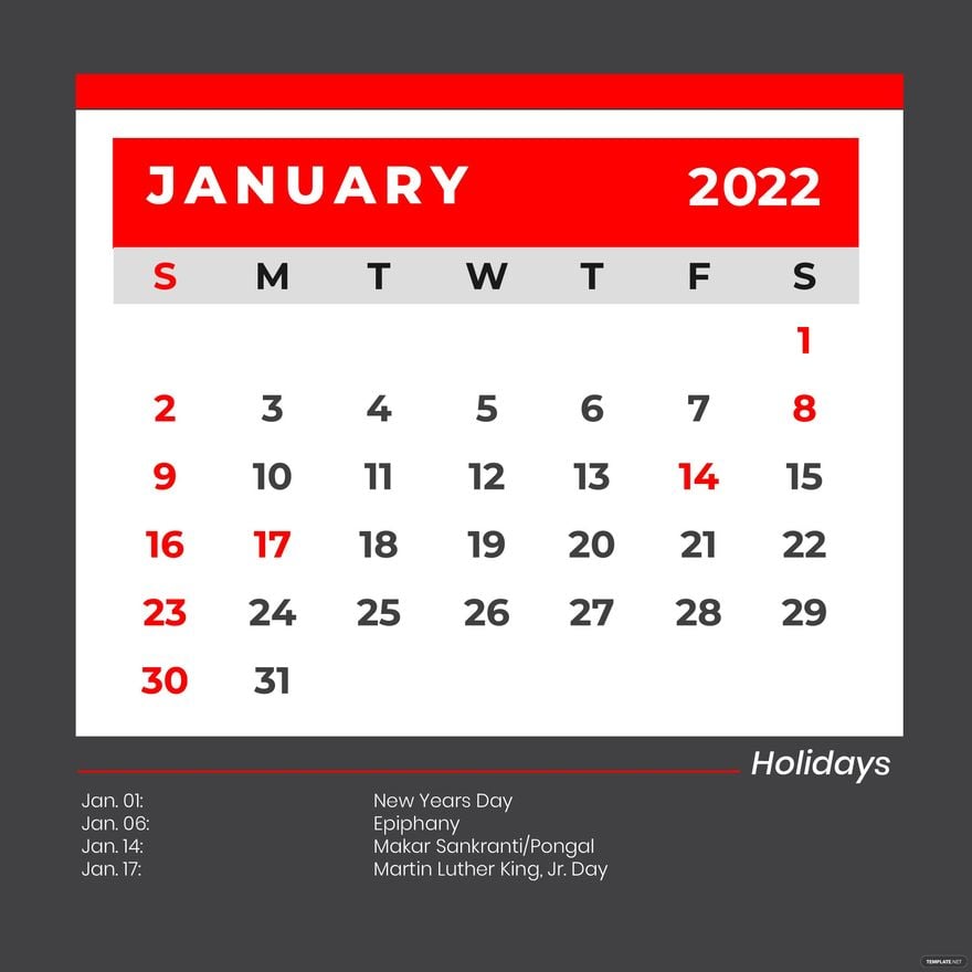 Free January 2022 Calendar With Holidays Vector