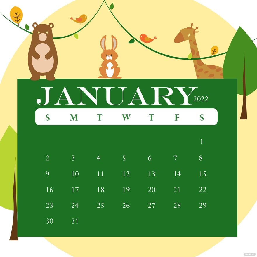 Free Animal January 2022 Calendar Vector in Illustrator, EPS, SVG, JPG, PNG