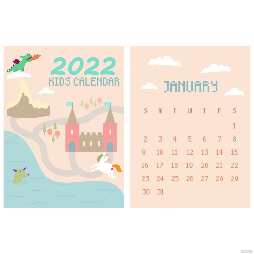 Free Kids January 2022 Calendar Vector in Illustrator, EPS, SVG, JPG, PNG