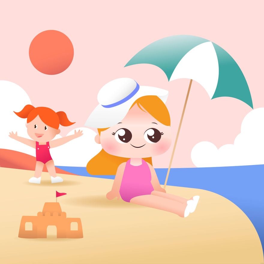 Kids At Beach Illustration