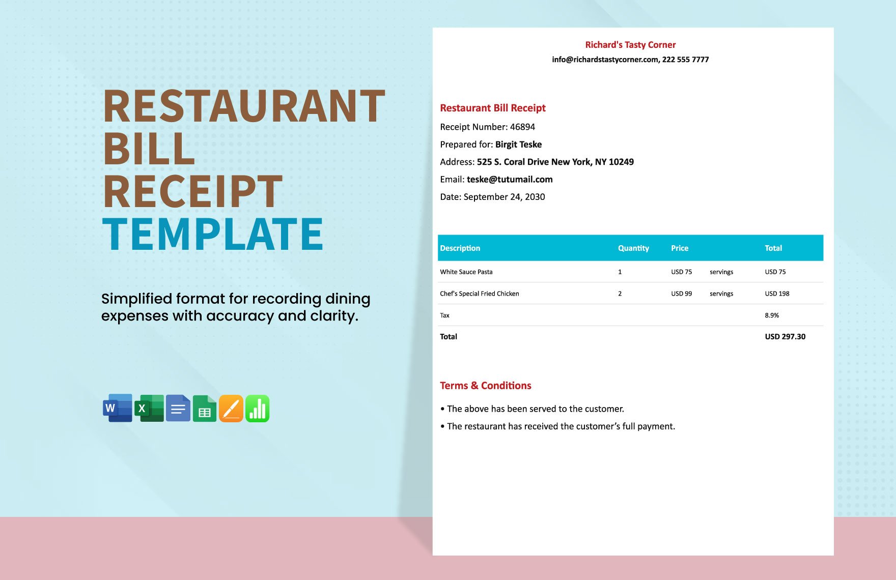 Restaurant Bill Receipt Template in Word, Google Docs, Excel, Google Sheets, Apple Pages, Apple Numbers