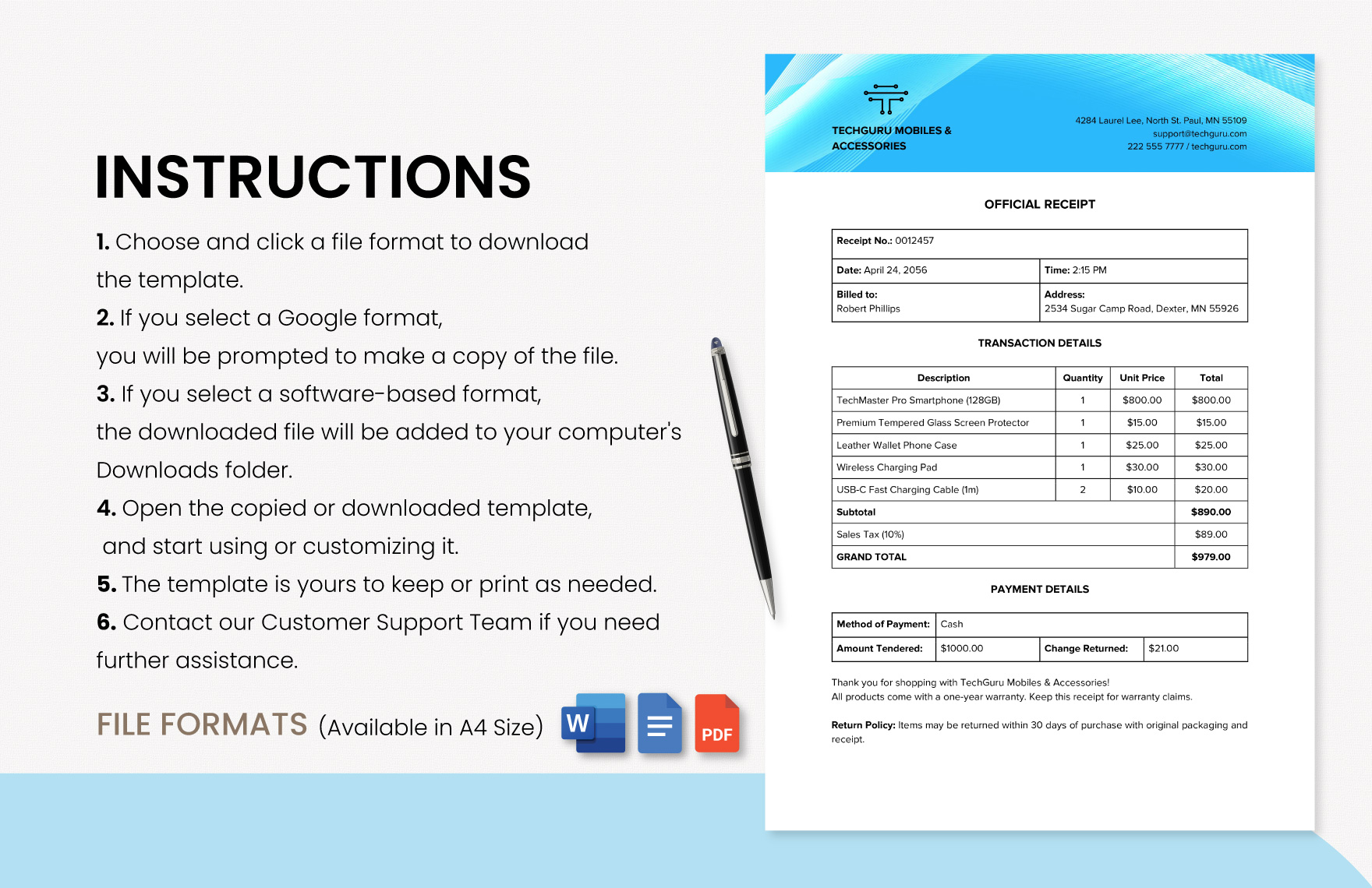 Official Receipt Template - Download in Word, Google Docs, Excel, PDF ...