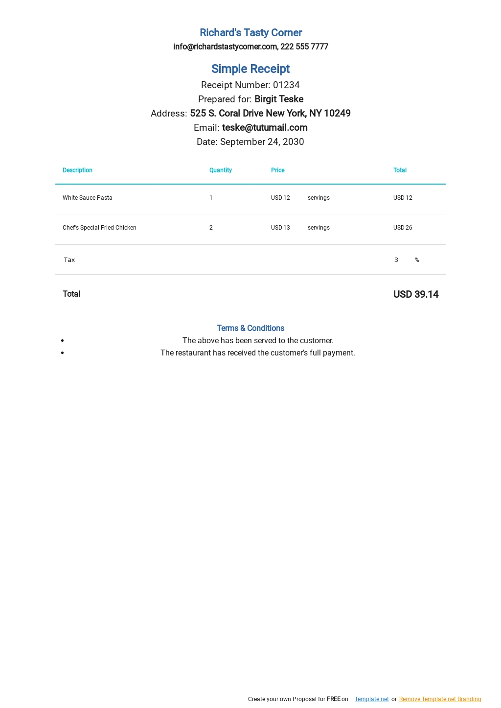 Google Doc Receipt Template