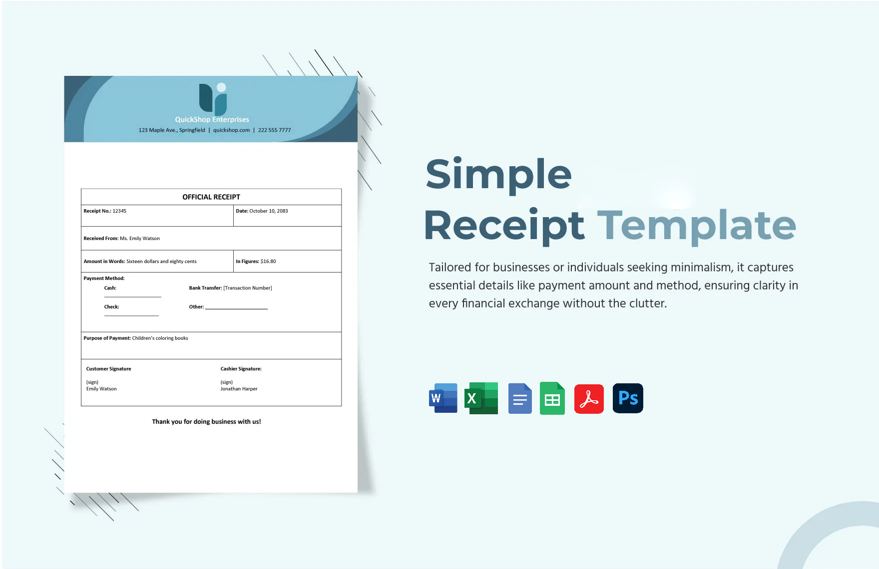 Free Simple Receipt Template in Word, Google Docs, Excel, PDF, Google Sheets, PSD