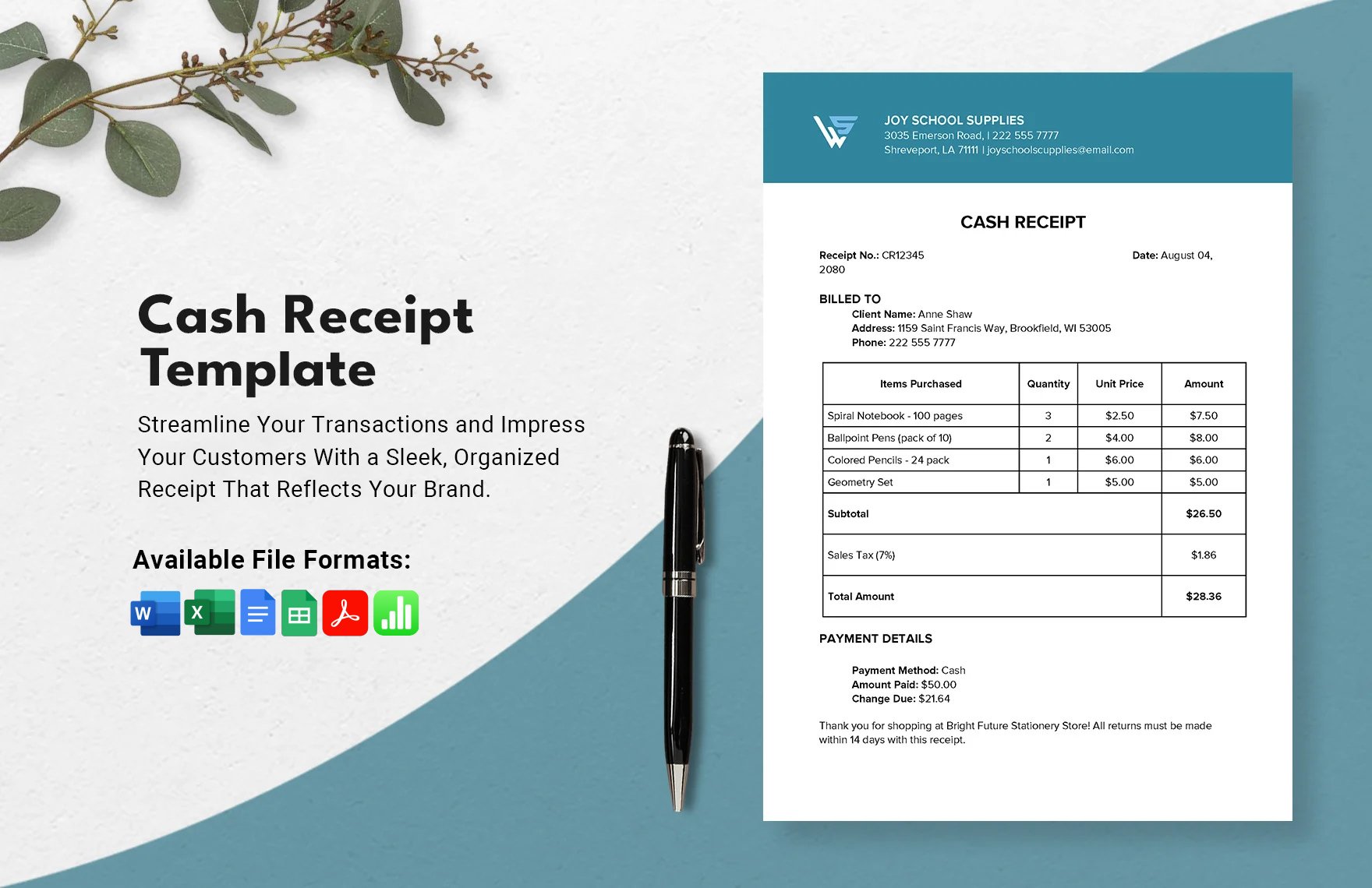 Cash Receipt Template in Word, Google Docs, Excel, PDF, Google Sheets, Apple Pages, Apple Numbers