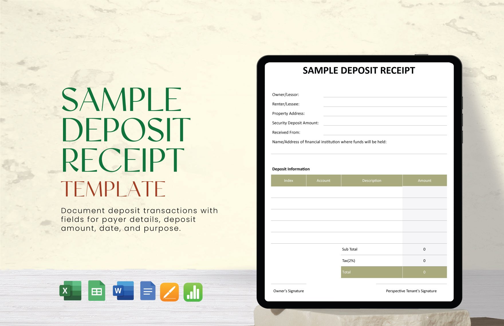 Sample Deposit Receipt Template in Word, Google Docs, Excel, Google Sheets, Apple Pages, Apple Numbers
