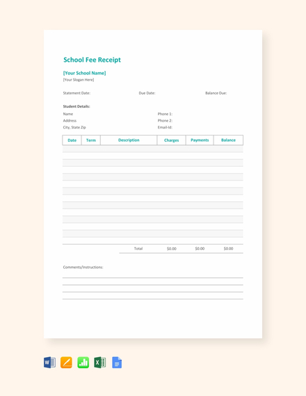 School Fee Receipt Template - Google Docs, Excel, Word, Apple Numbers, Apple Pages