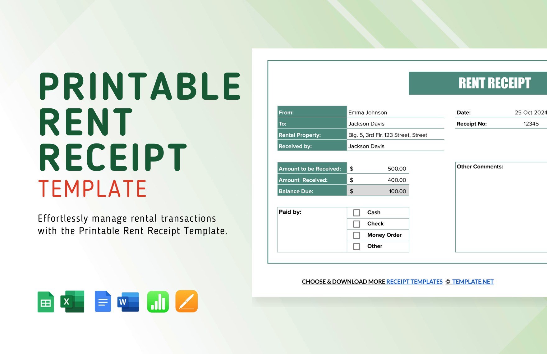 Printable Rent Receipt Template in Word, Google Docs, Excel, Google Sheets, Apple Pages, Apple Numbers