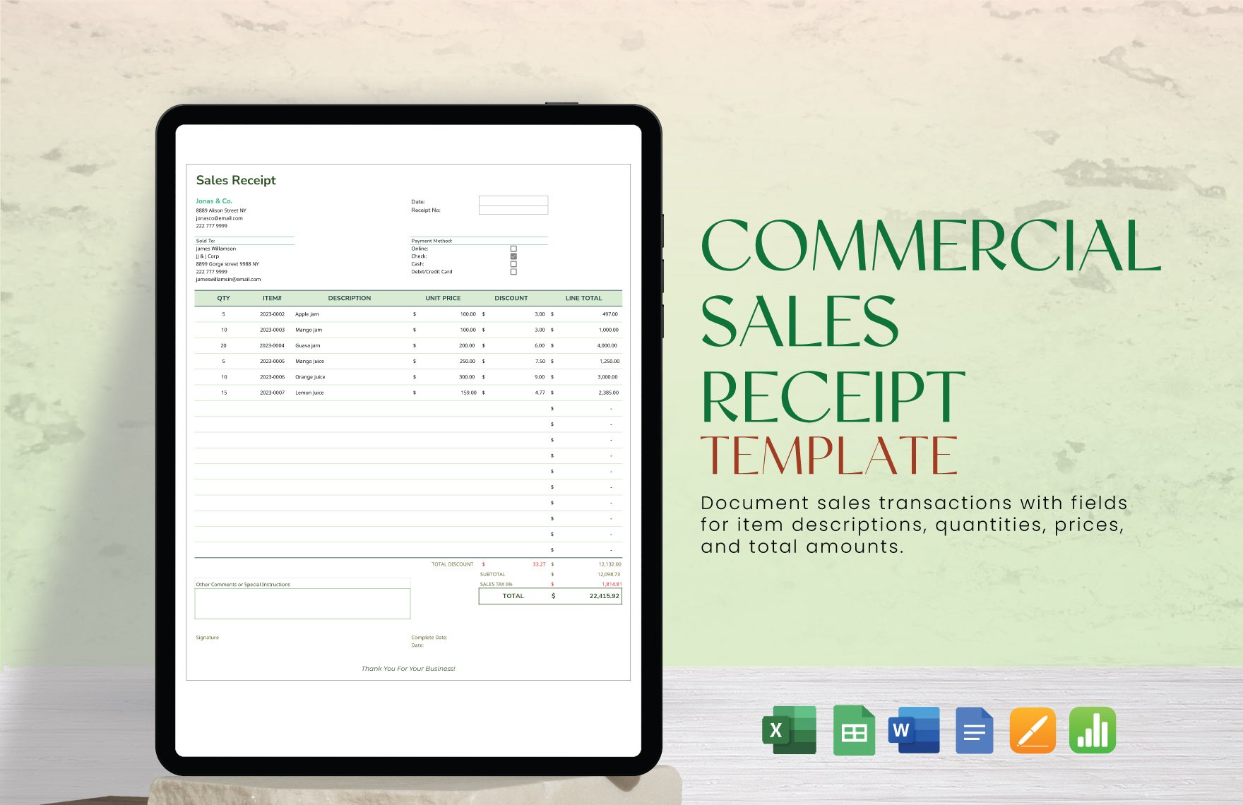 Commercial Sales Receipt Template in Word, Google Docs, Excel, Google Sheets, Apple Pages, Apple Numbers