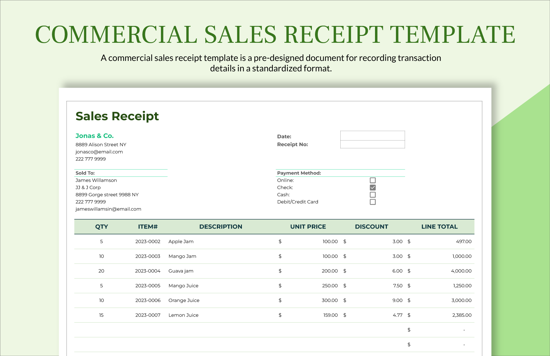 Commercial Sales Receipt Template in Word, Google Docs, Excel, Google Sheets, Apple Pages, Apple Numbers