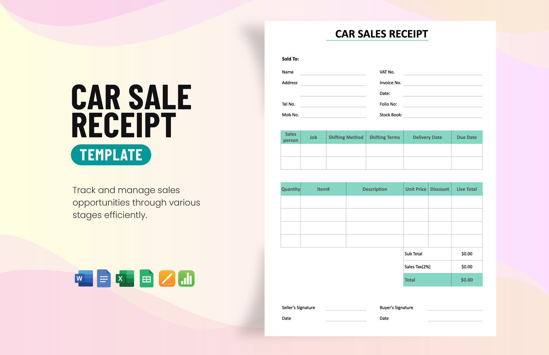 Car Sale Receipt Template in Word, Google Docs, Excel, Google Sheets, Apple Pages, Apple Numbers
