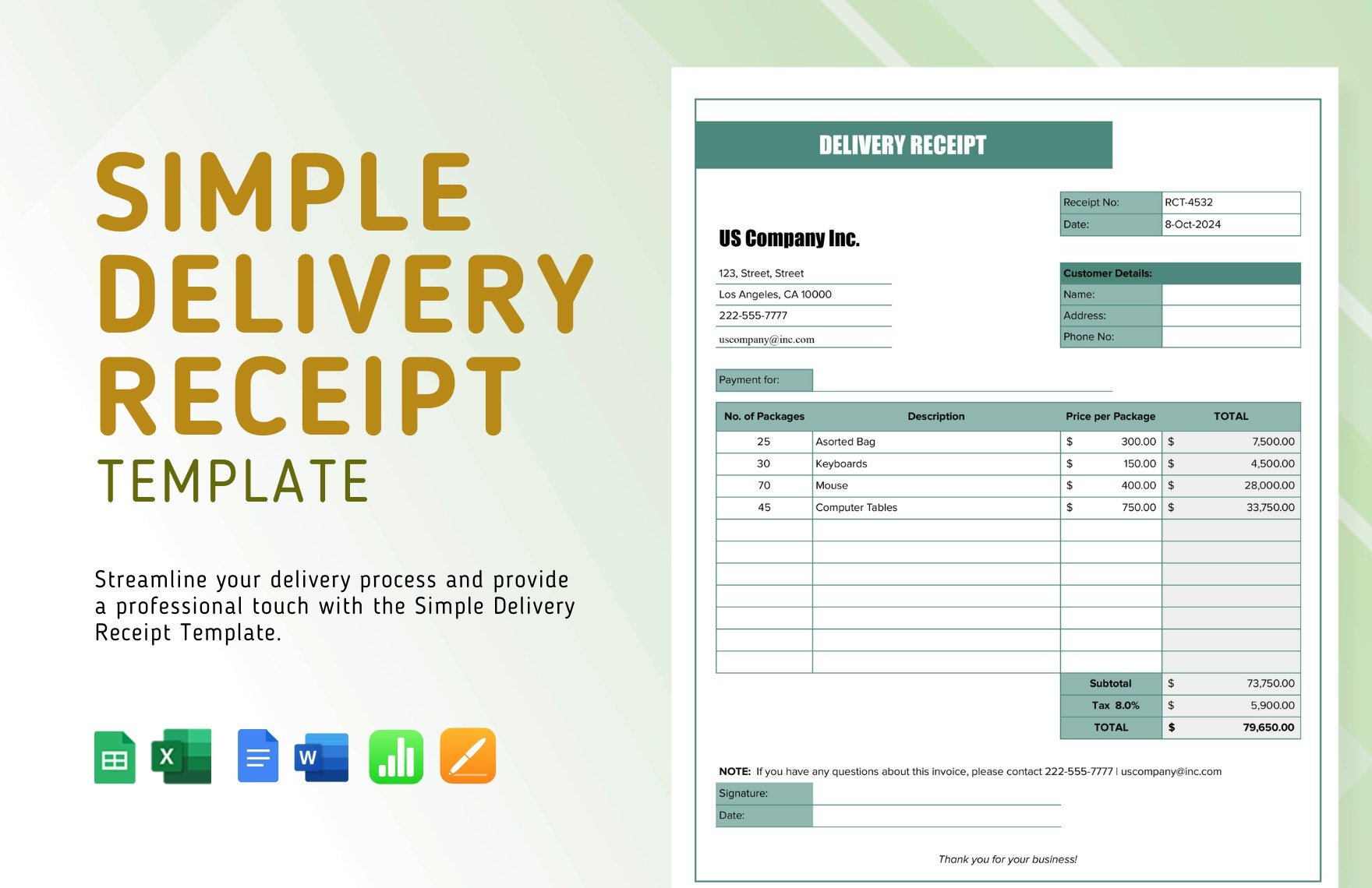 Free Simple Delivery Receipt Template in Word, Google Docs, Excel, Google Sheets, Apple Pages, Apple Numbers