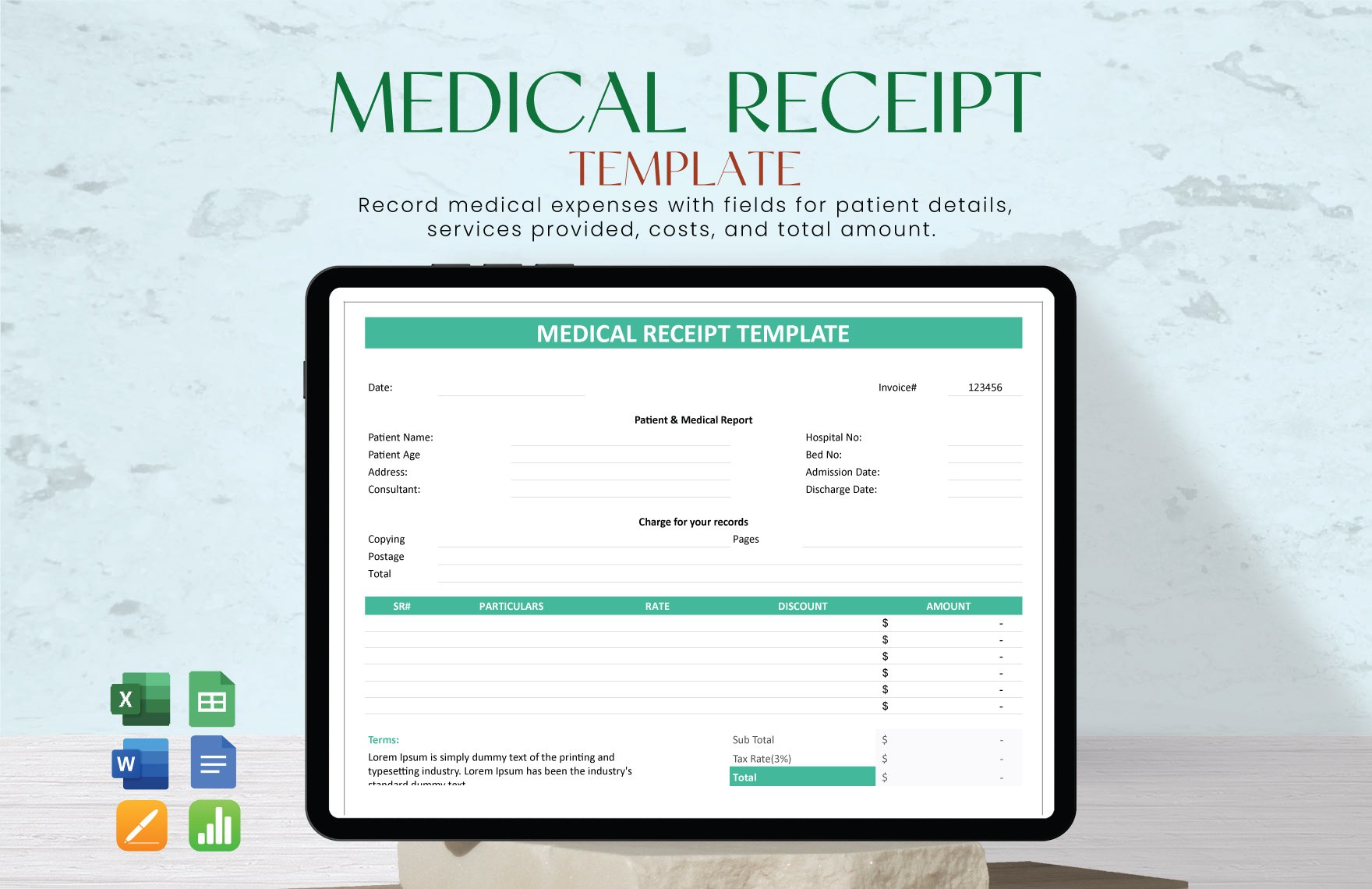 Medical  Receipt Template in Google Docs, Apple Pages, Excel, Word, Google Sheets, Apple Numbers - Download | Template.net