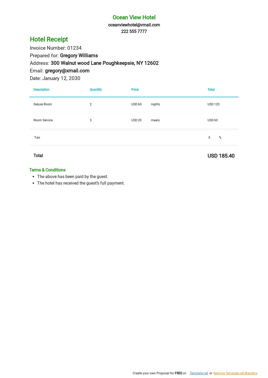 Hotel Receipt Template in Google Docs, Google Sheets, Excel, Word