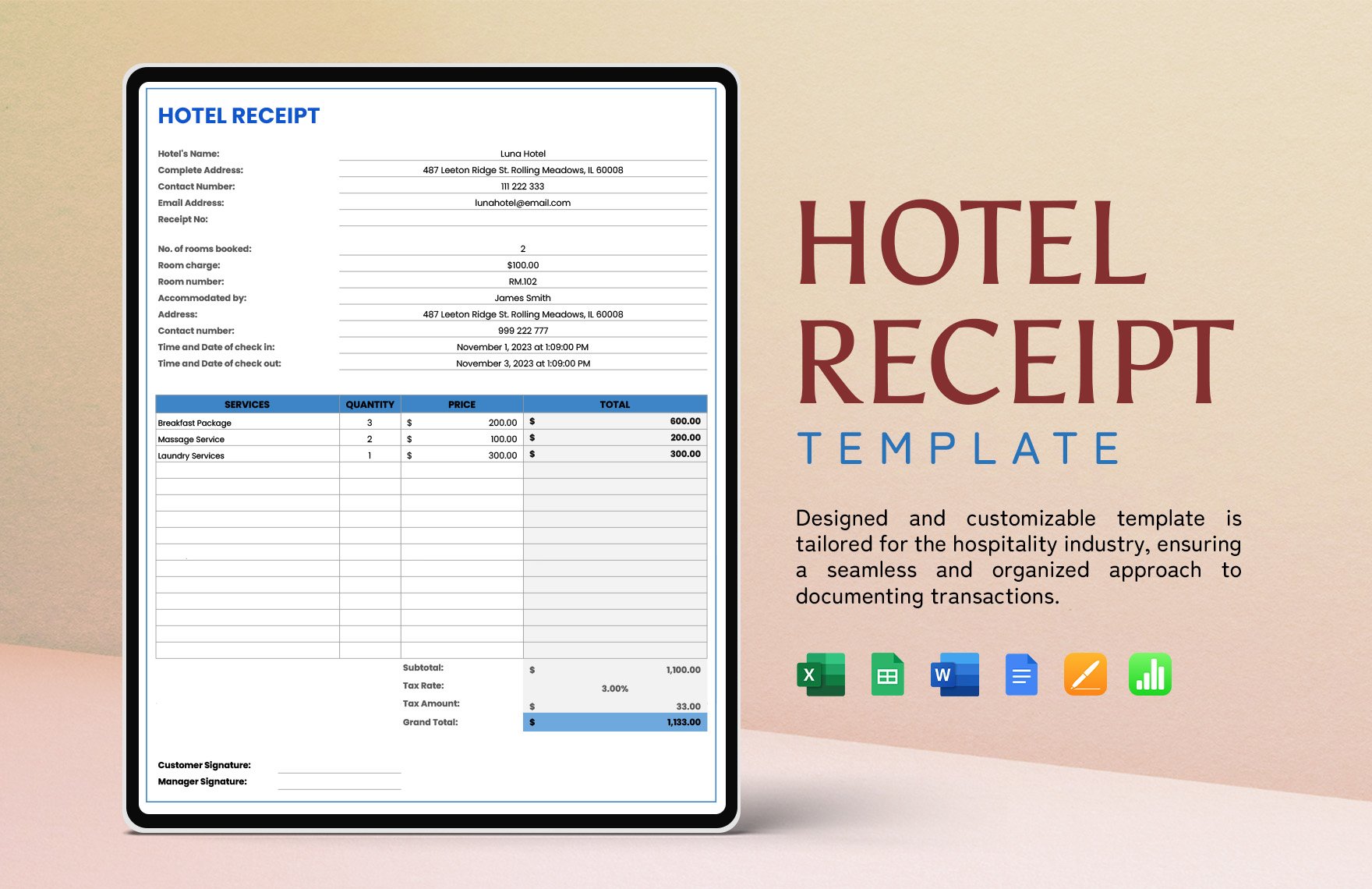Hotel  Receipt Template in Word, Google Docs, Excel, Google Sheets, Apple Pages, Apple Numbers